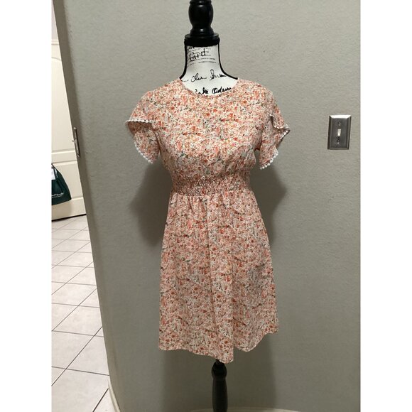 SHEIN VCAY Ditsy Floral Print Guipure Lace Trim Petal Sleeve Shirred Dress Size - Picture 6 of 9